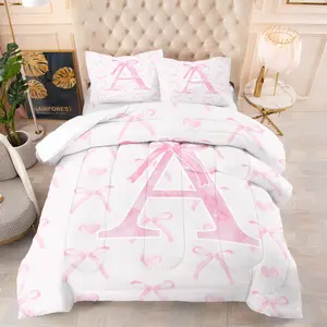 Personalized Initial Letter A Comforter Set, Pink Bow & Heart Pattern, Coquette Style Bedding for Girls Bedroom Decor, 1 Quilt + 2 Pillowcases, Twin/Full/Queen Size