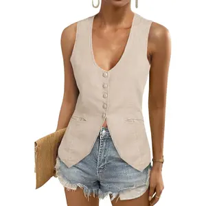 Imily Bela Womens Scoop Neck Blazer Vest Summer Linen Sleeveless Fitted Waistcoat Work Casual Cotton Suit Tops