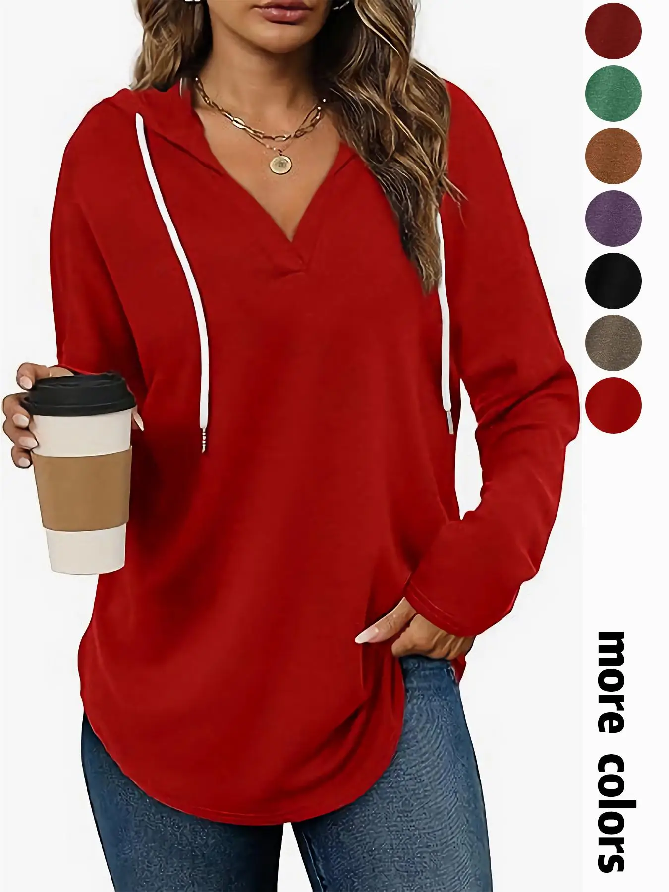 Women's Hoode V-neck Lightweight Red Sports Shirt Long Sleeved Top 2025 Spring Loose Style Comfortable Design Women's T-shirt Pullover Base Hoodie, Ho