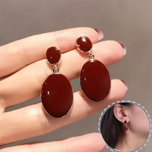 Oval-Shaped Pendant Earrings with Vintage Geometric Design, Featuring Red Enamel Drops - Exquisite And Versatile Fashion Additions