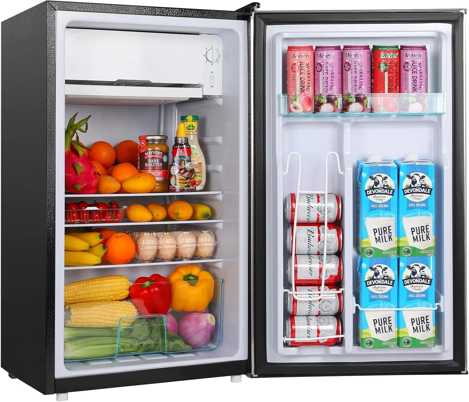 3.2 Cu.Ft Single-Door Mini Fridge with Freezer - Adjustable Thermostat, Adjustable Shelves, Reversible Door, 45 dB Quiet Performance, 28.4°F to 35.6°F, 18.5 In * 17.52 In * 32.87 In for Bedrooms, College Dorms