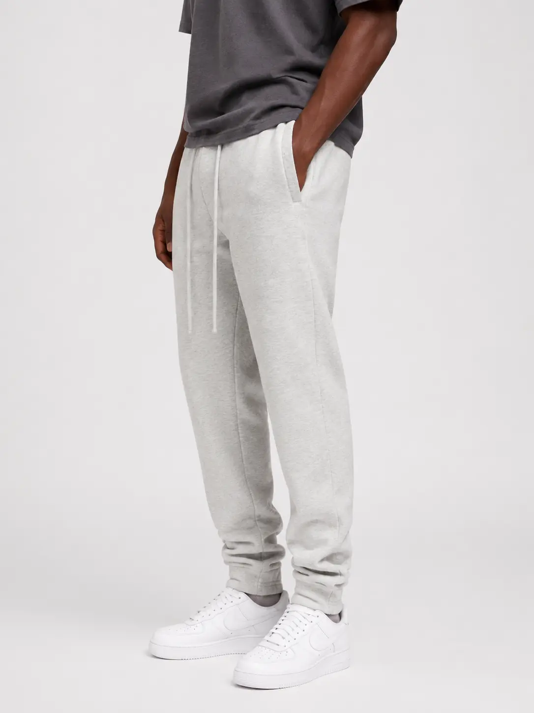 Men's Cuffed Cotton Joggers - Menswear Casual Mid Waist Elastic Waist Pants with Slant Pockets, Drawstring, Plain Light Gray/Beige for Workout, Gym, Athletic Fit Men's Pants, Normal Type, Straight Pants