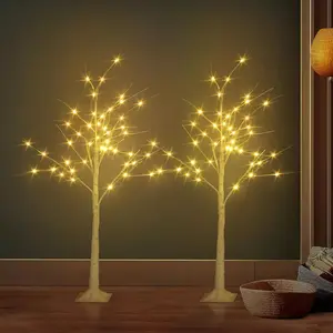 2PCS 4FT Classic Lighted Birch Trees with 96 LED Warm White Lights, Irregular Form Twig Shape Artificial Trees with Metal Base for Indoor Christmas, Wedding Decor