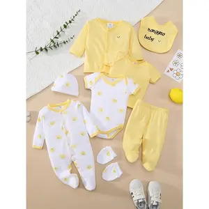 8pcs Baby Girl Spring/Summer Set with Comfortable Soft Sun Print Romper, Hat, Bib, Socks, Pants, Jacket & Tank Top 3pcs Outfit, Perfect for Outdoor