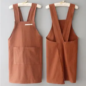 High-Quality Solid Color Apron Cross Back Cotton Linen Apron with Pocket | Adjustable Crisscross Strap Kitchen Apron for Cooking Baking Gardening