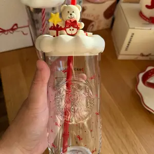 Starbucks overseas 2025 Winter gift red apple star bearista Ribbon silicon lid red triangle glass 16oz tumbler