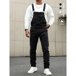 Men's Casual Denim Jumpsuit, Elastic Jean Fabric Adjustable Straps & Pockets, Workwear Overall, All Seasons, Button Fly, Fitted Style