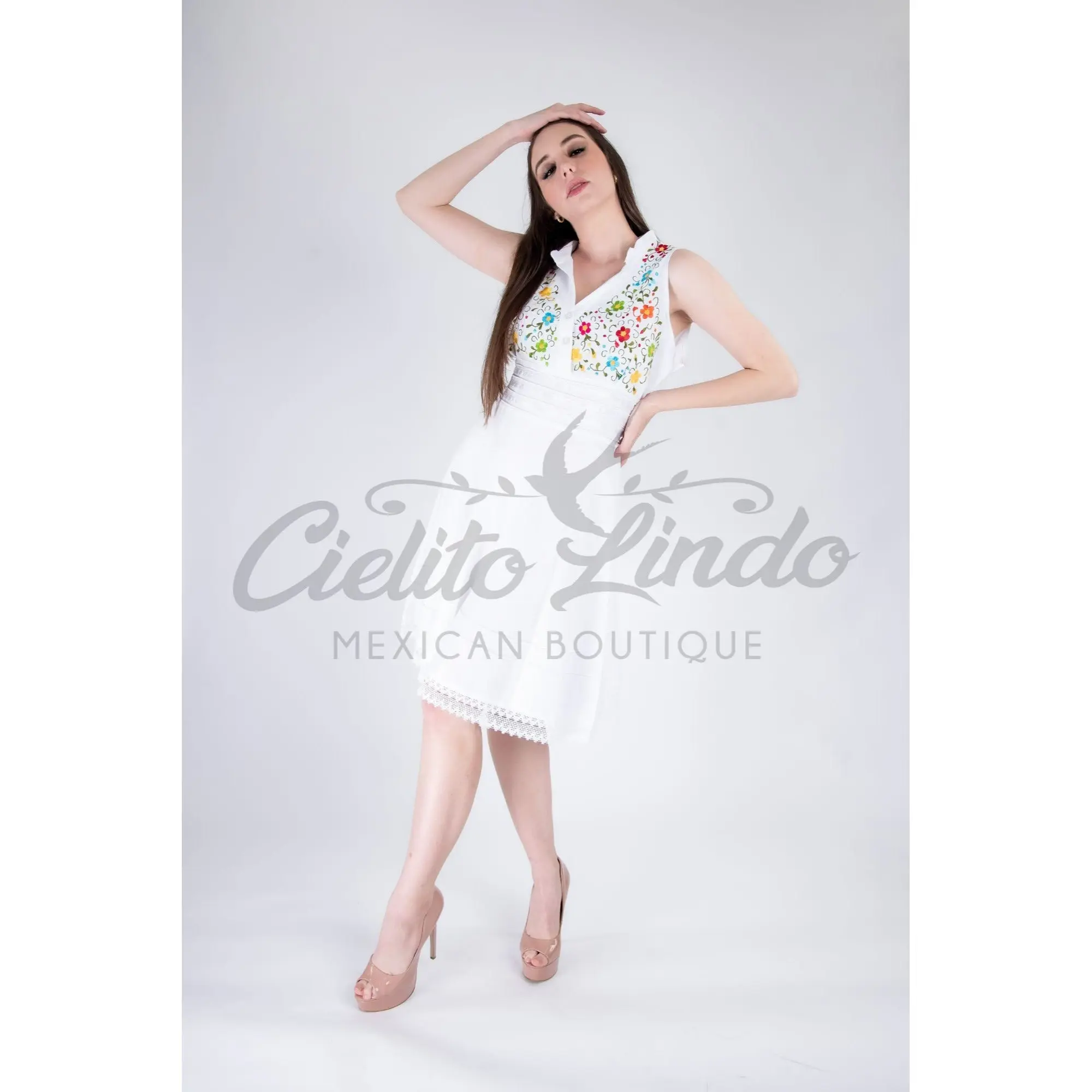 Cielito Lindo Karen Mexican White Dress - Handcrafted Embroidered Floral Boho Dress with Elastic Band for Summer Parties