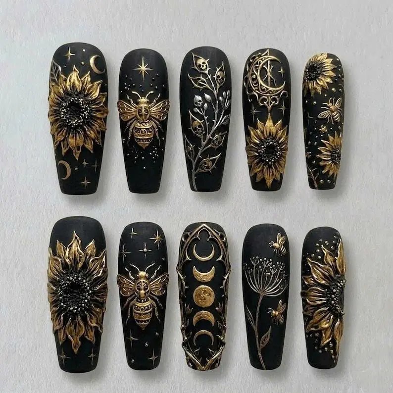 Julina Beauty | Gothic Celestial Sunflower Press On Nails – Handmade Matte Black Coffin Fake Nails with Gold Bee, Moon Phase, Botanical Floral Design, Reusable Full Cover Glue On Acrylic Nails for Women