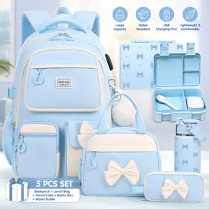 SIMILOVE 4/5PCS Backpack Set for School, Cute Bow School Bags for Kids with Lunch Bag & Pen Case, Lunch Box/Bottle/Headphones, Bookbag for Girls Children Teens Elementary Middle Student  Organiser