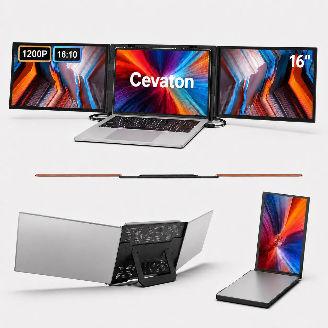 Cevaton S12 16" Dual Laptop Screen Extender, Portable Triple Screen Workstation with Dual IPS Displays, 16:10 1920×1200 Resolution, 350 Nits High Brightness Monitor Extender for Remote Work, Office and Multitasking