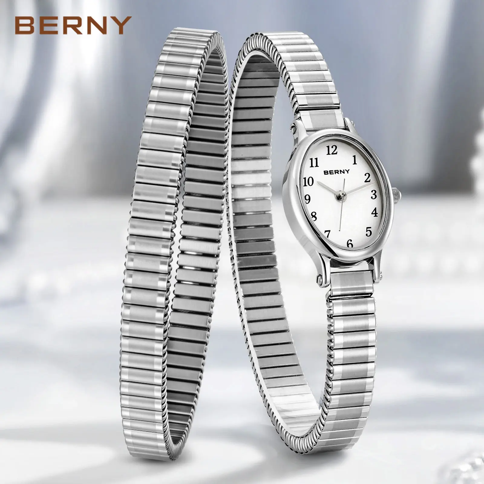 BERNY Silver Watch for Women Dainty Oval Quartz Wristwatch Bracelet Set Adjustable Stainless Steel Expansion Band Water-Resistant Minimalist Ladies Watch Tools Included Elegant Stylish Gift for All Outfits Reloj, Fashion Summer Accessories