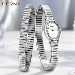 BERNY Silver Watch for Women Dainty Oval Quartz Wristwatch Bracelet Set Adjustable Stainless Steel Expansion Band Water-Resistant Minimalist Ladies Watch Tools Included Elegant Stylish Gift for All Outfits Reloj