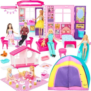 Portable & Foldable Doll House w/ 60+ Pcs & 2 Dolls, Play House Toy with Bedroom Kitchen Pet House Camping Playset, Playhouse Gift for Girl Kid Toddler