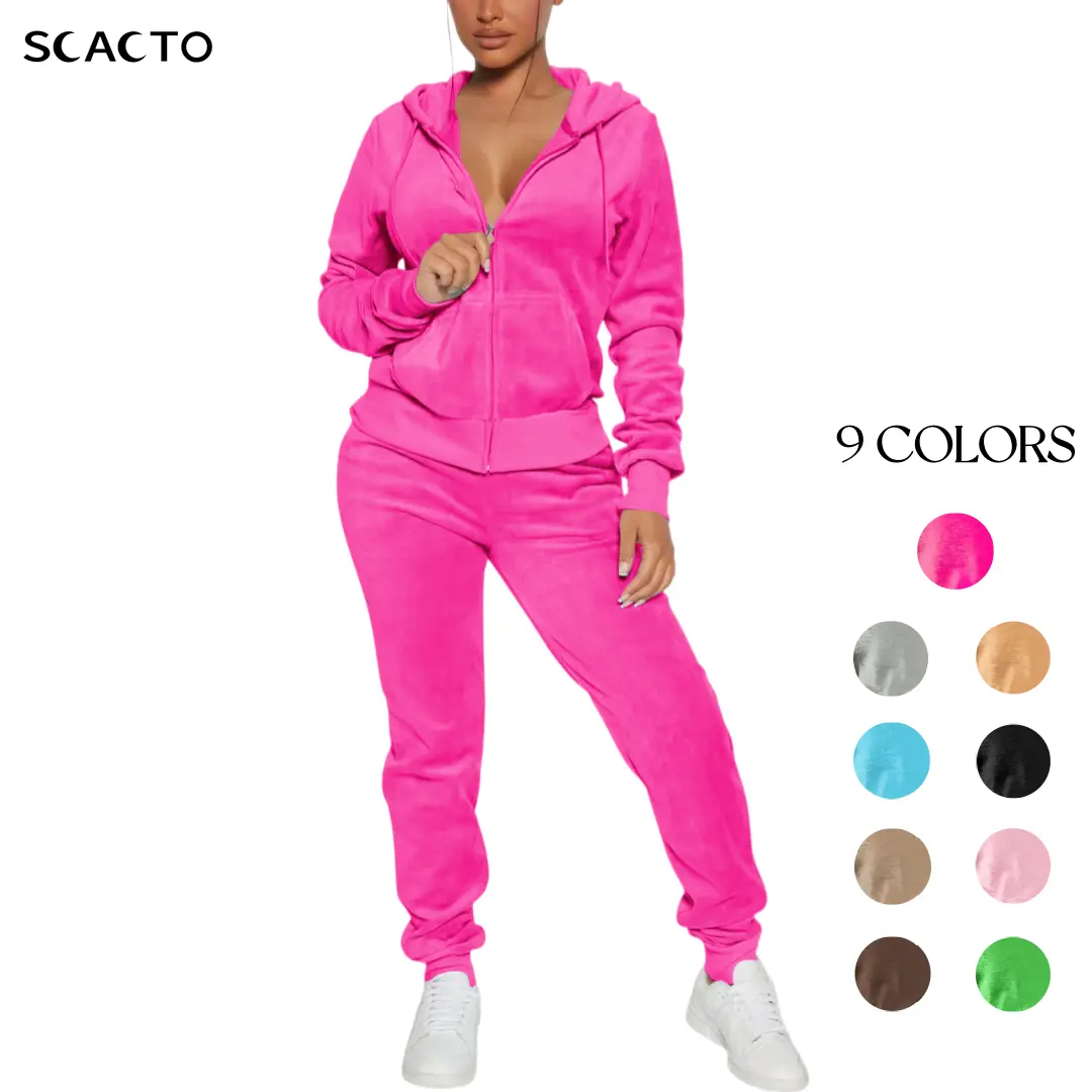Scacto Women's Casual 2 Piece Sets, Trendy Solid Stretch Polyester Lounge Outfit with Long Sleeve Cropped Hoodie and Fitted Pants with Zipper Pocket, Gym Outfits Womenswear Adjustable, Casual Women's Set, Zippered Pocket, Everyday Wear, V-Neck