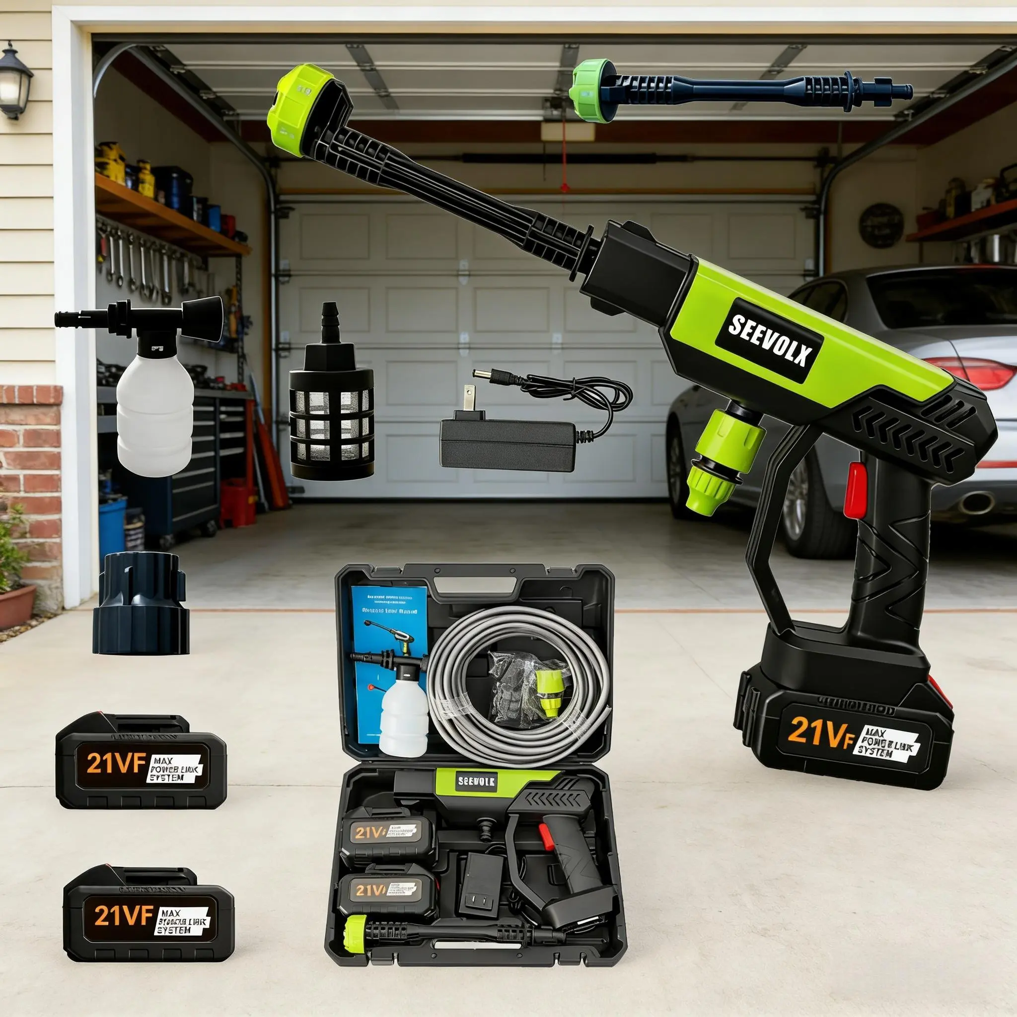 SEEVOLX Cordless Power Washer - 1000 PSI High Pressure Spray Gun, 21VF Battery Operated, 6-in-1 Multi-Mode Nozzle Portable Tool for Car, Driveway Cleaning, Pressure Washer