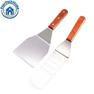 New Star Foodservice 43051 Wood Handle Flexible Grill Spatula Set, 14.5" & 12.4" Set of 2, Silver Color, Durable Kitchen Tools, Barbecue Tool Sets