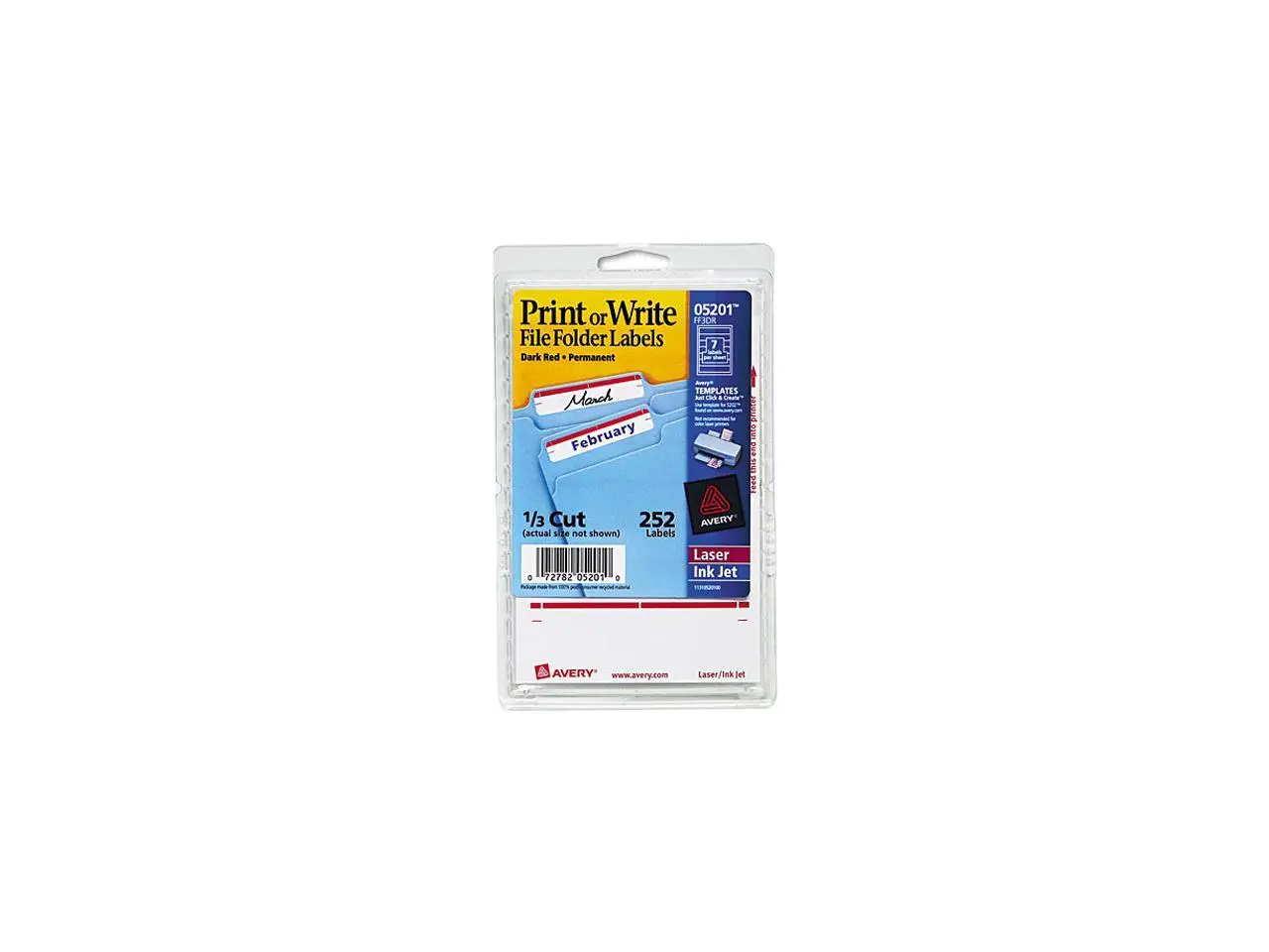 Avery 05201 Print or Write File Folder Labels, 11/16 x 3-7/16, White/Dark Red Bar, 252/Pack
