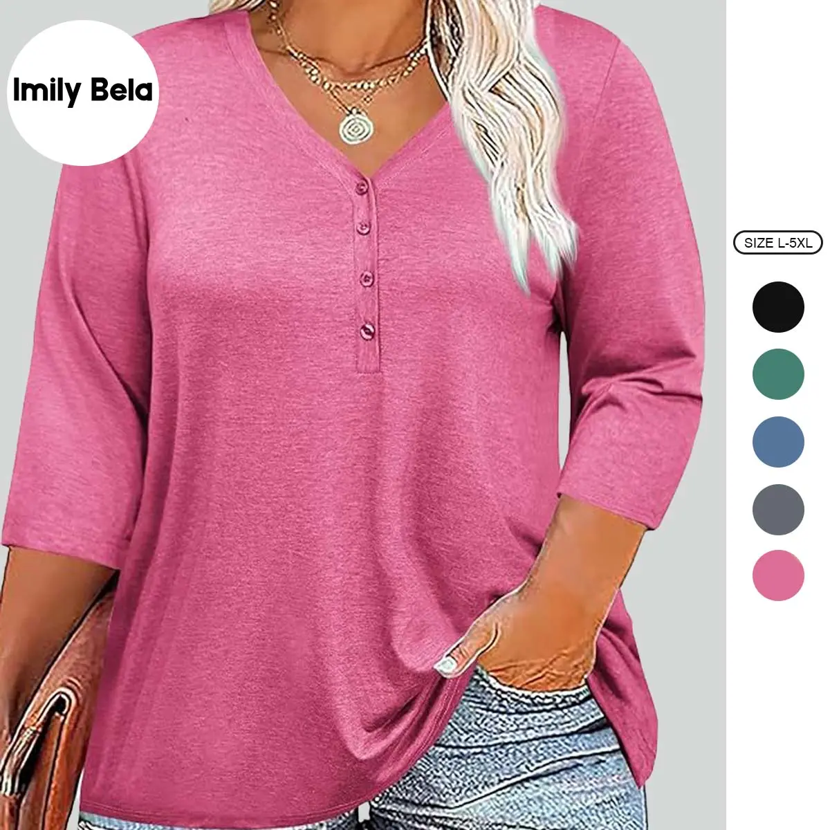 Imily Bela 【L-5XL】Womens Plus Size Tops V Neck 3/4 Sleeve Casual T-Shirts Loose Basic Tunic Tees Summer Vneck Minimalist Streetwear