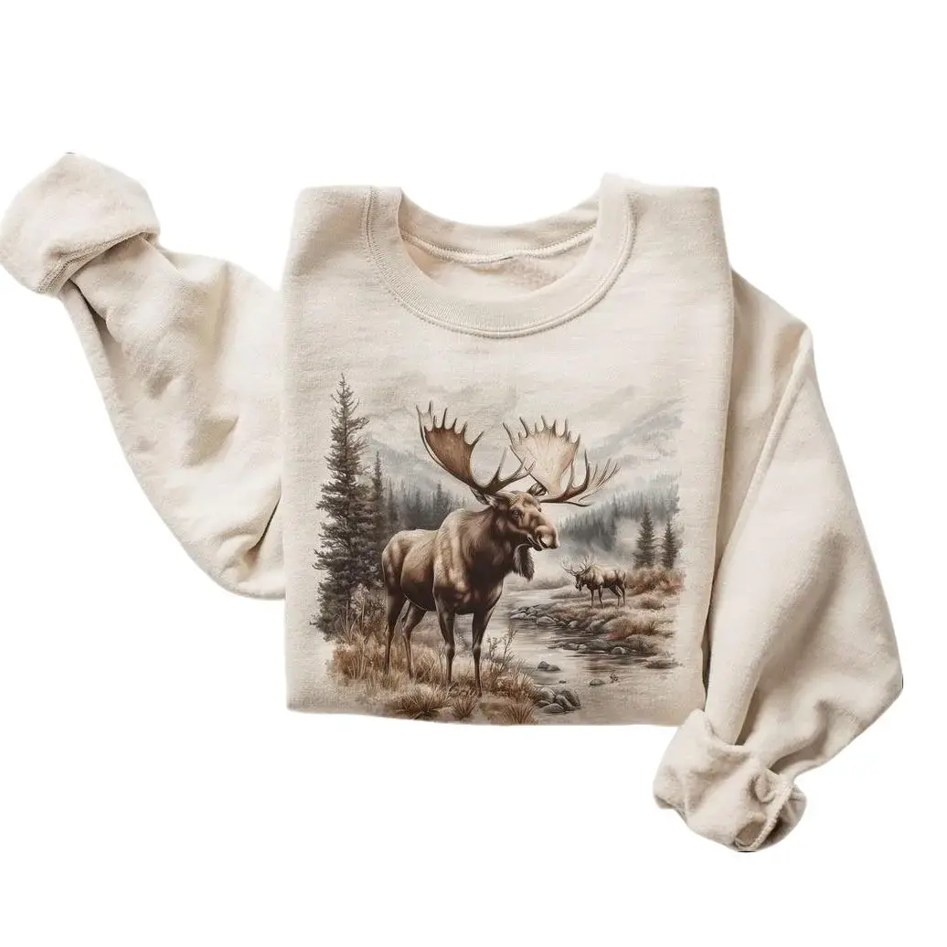 Women's Retro Moose Sweatshirt, Classic 90s Wildlife Graphic Pullover, Long Sleeve Cotton Blend Winter Tops
