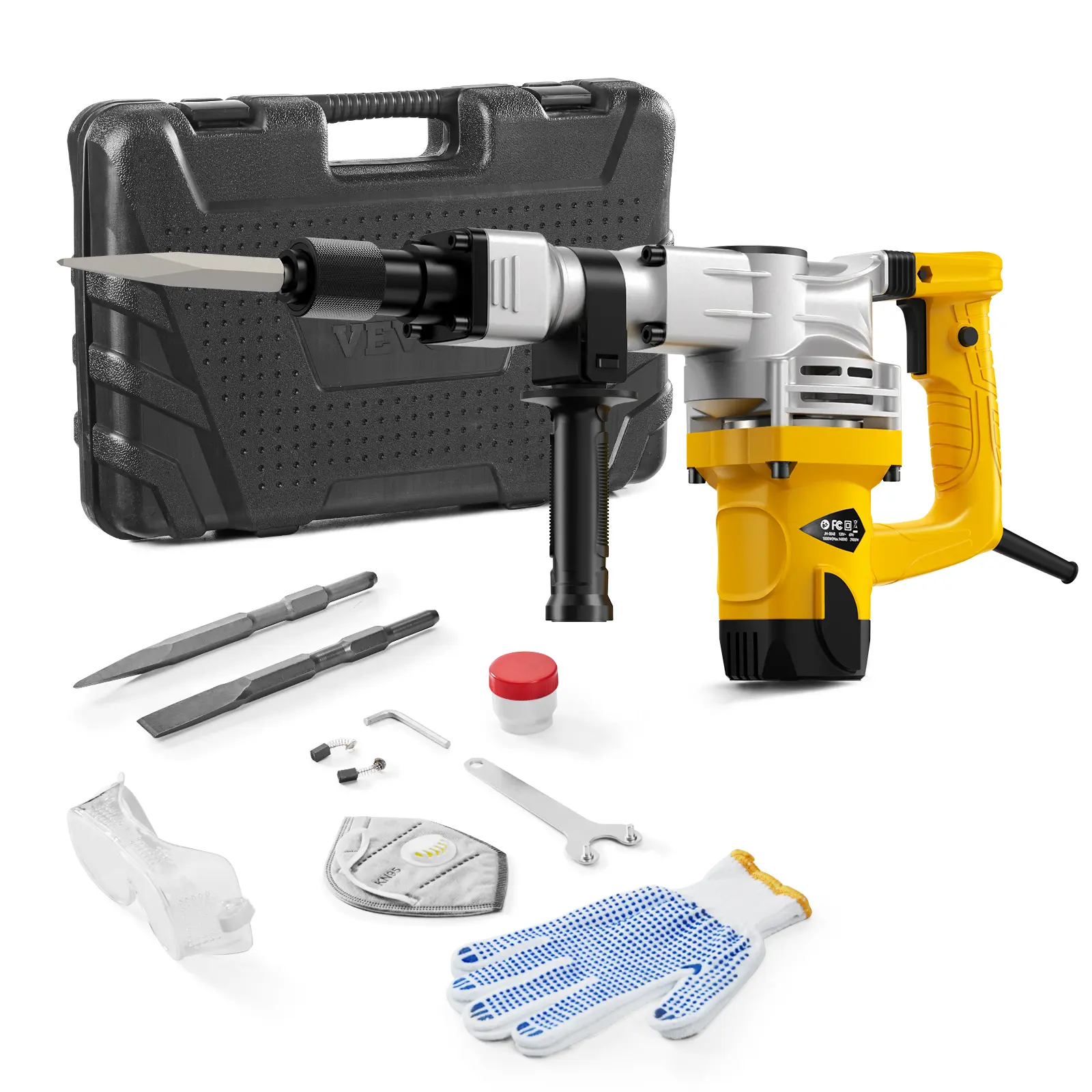 【Summerfinds】VEVOR 1400W Heavy Duty Corded Electric Demolition Jack Hammer - 2900 BPM Concrete Breaker with 1 Point Chisel, 1 Flat Chisel, Concrete Drill Bit, Storage Case, Gloves, Goggles for Demolition Tasks