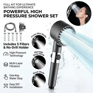 Powerful High Pressure Shower Head Set, Multi-Mode Filtered Shower Head with 5 Filters, One-Key Water Stop & No-Drill Holder, Full Kit for Ultimate Bathing Experience