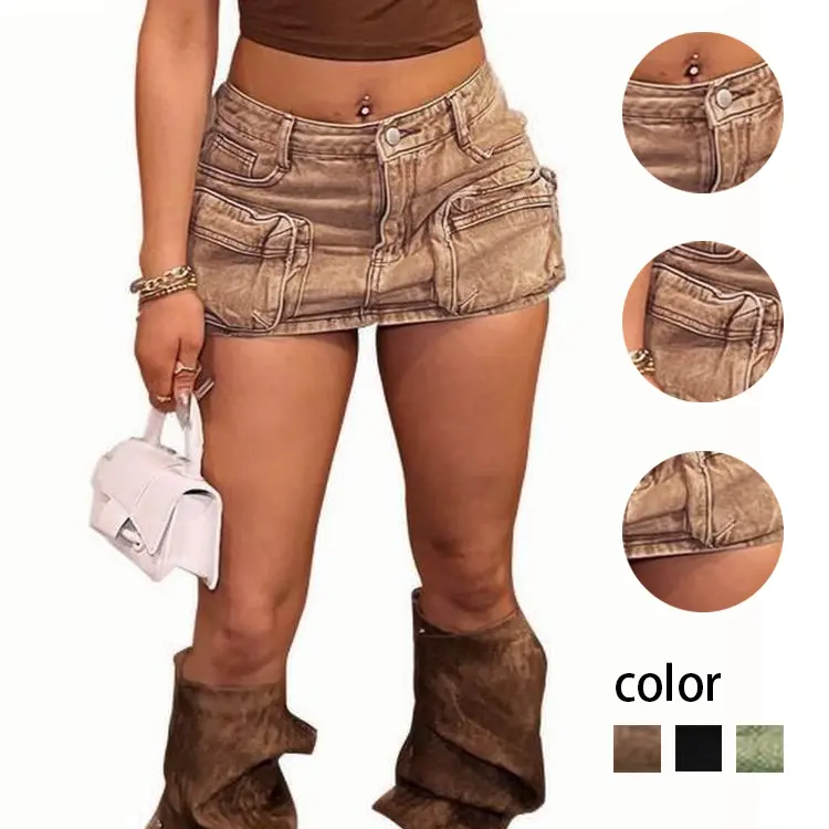 [US Shipping] Women's Shiny Y2k Vintage High-Waisted Cargo Denim Mini Skirt, Casual Utility Bottom with Ample Pockets & Durable Fabric, Retro-Inspired Design