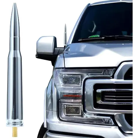 50 Caliber Aluminum Alloy Bullet Radio Antenna - Car Accessories, Hood Mount, 8 Screws, Copper Core, Universal Fit for GMC Sierra 1500/F250, Waterproof, Durable Car Wash-Proof FM AM Replacement Accessory for SUVs