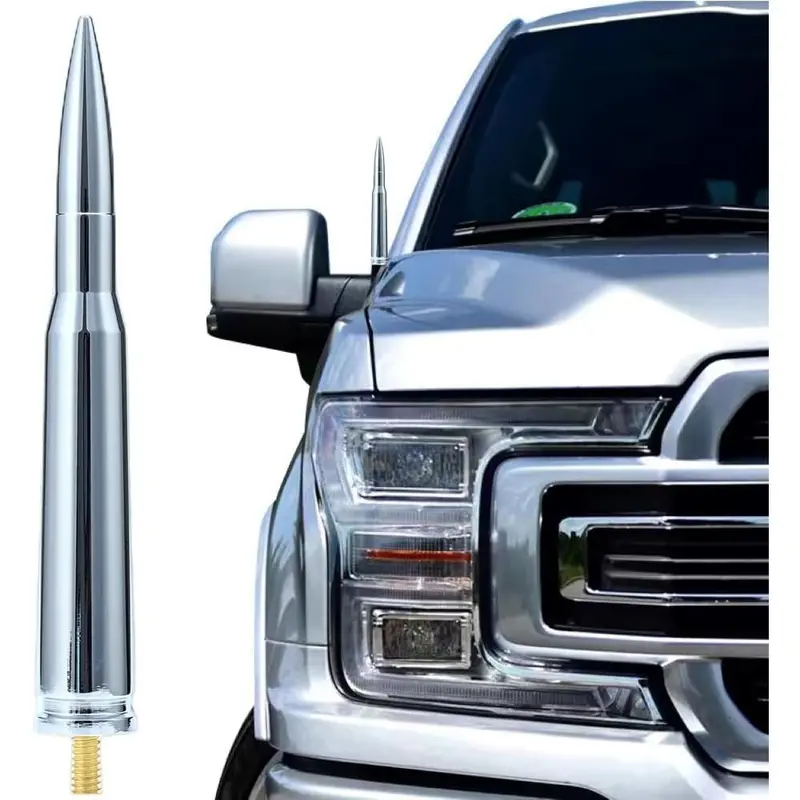 50 Caliber Aluminum Alloy Bullet Radio Antenna - Car Accessories, Hood Mount, 8 Screws, Copper Core, Universal Fit for GMC Sierra 1500/F250, Waterproof, Durable Car Wash-Proof FM AM Replacement Accessory for SUVs