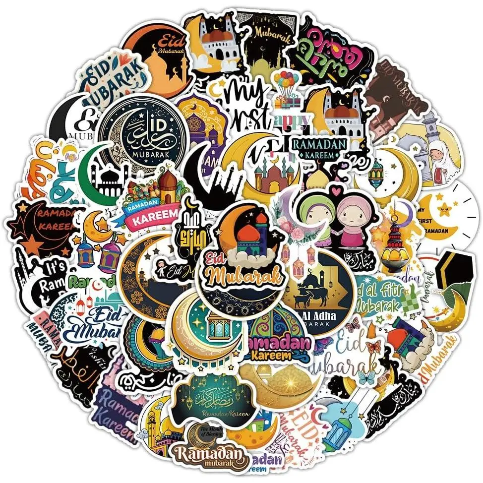 53 PCS Eid Mubarak Stickers, Ramadan Kareem and Eid Sticker Sheets for Kids and Adults Ramadan Mubarak Holy Kaaba Quran Ramadan Decoration Islamic Eid Mubarak Stickers for Laptop Skateboard Water Bottles