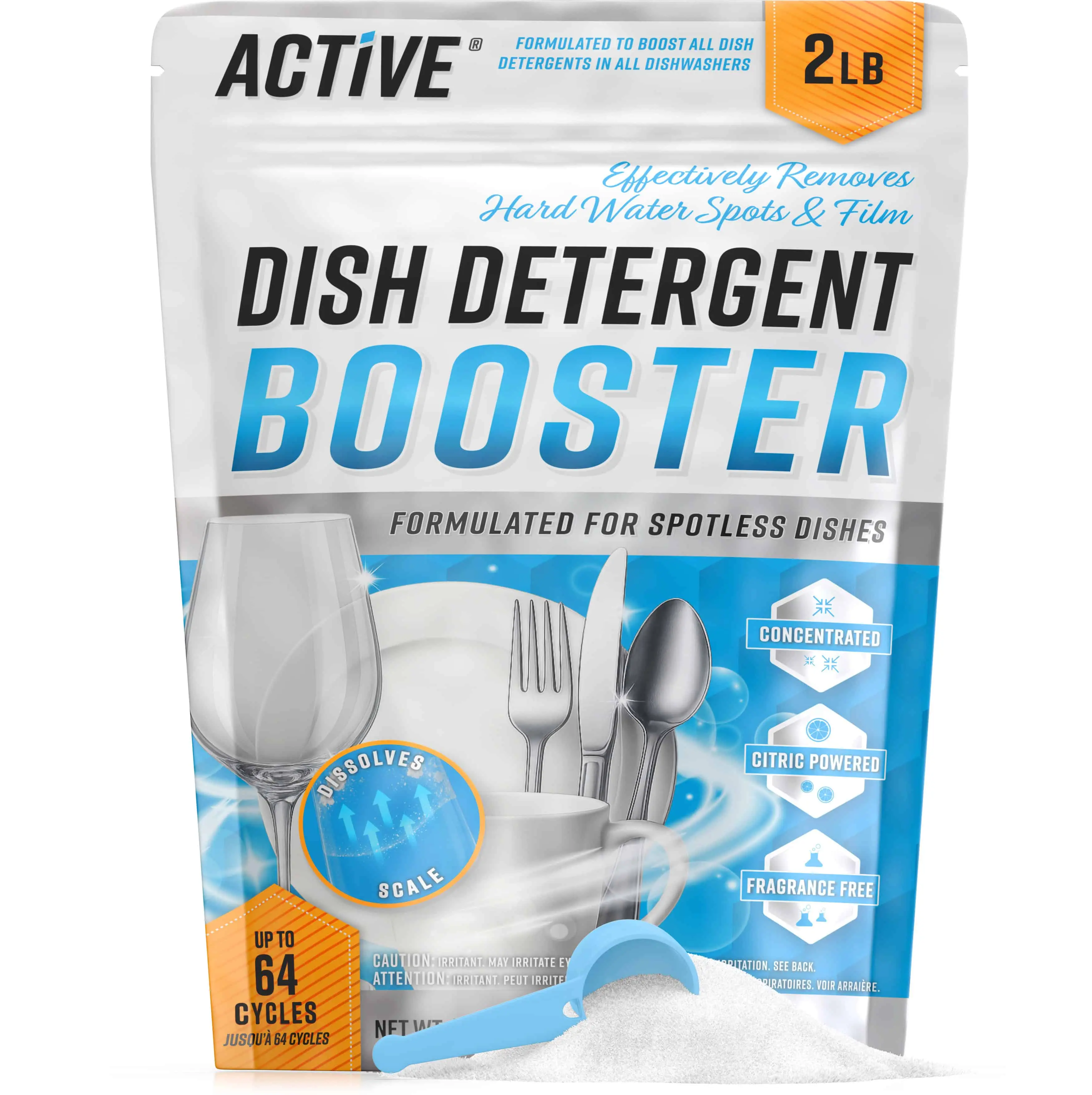 Dishwasher Detergent Booster Prewash Powder - ACTIVE Citric Acid Dishwashing Additive for Hard Water, Natural Dish Washer Shine & Rinse Aid, Lime Scale Remover for Cloudy Glassware - 64 Uses (32-oz)
