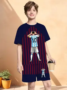 Anime Style Casual Set, Full Print, Soft Fabric, Cartoon Pattern, Short Sleeve, Fitted, Comfortable Wear, Random Print