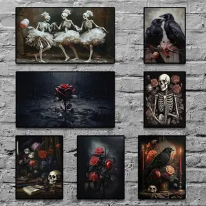 Skull & Flowers Pattern Unframed Painting, 1 Count Vintage Style Wall Art, Wall Decor for Home Living Room Bedroom Office School