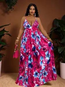 2025 New Spring/Summer Boho Maxi Dress Hot Pink Sleeveless Spaghetti Strap Floral Print Plus Size Women's Beach Travel Dress Casual Graphic Plants Style - Fabric
