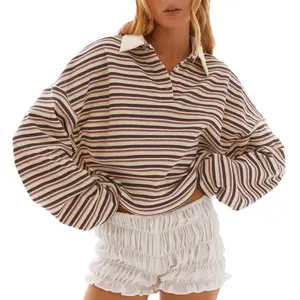 Striped rugby shirt, long-sleeved oversized lapel sweatshirt for women/girls, loose-neck pullover