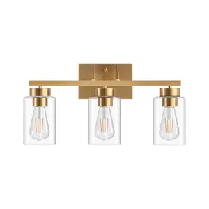 3-Light Bathroom Light Fixtures, Brushed Gold Vanity Light with Clear Glass Shade, Modern Wall Sconce for Mirror Bedroom Living Room Hallway Lighting