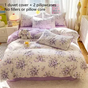 3-Piece Purple Floral Print Duvet Cover Set for Room Decor, 1 Garden Purple Floral Duvet Cover with Zipper Ties 2 Pillow Shams Farmhouse Flower Botanical Bedding Set Soft Comfy Bed Sets