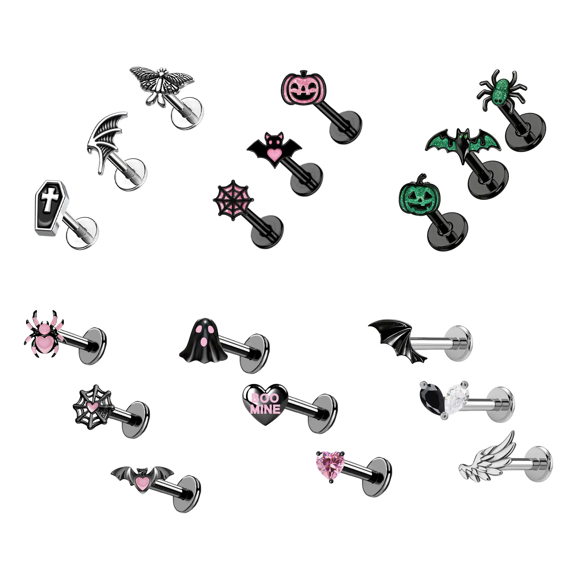 OUFER 3PCS Halloween Lip Studs 16G Stainless Steel Internally Threaded Piercings for Lobe & Helix Piercing