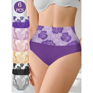 QUASTI Women's High-Waist Cotton Panties (6pcs/6 Mix Colors, Flower Printed), Seamless Colorblock Briefs, Light Soft Breathable Fabric, Fitted Everyday Underwear, S-XXL