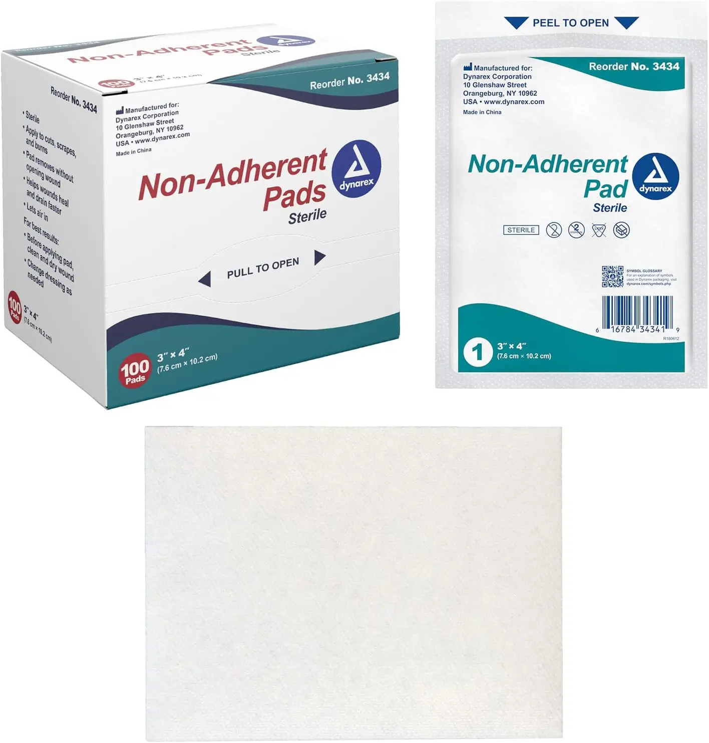 Dynarex Sterile Non-Adherent Cotton/Poly Gauze Pads, 3"×4" High Absorbency Non Adhesive Pads for Wounds, Foil-Wrapped Wound Care Dressings for Caregivers, 100 Pcs First Aid Emergency Supplies