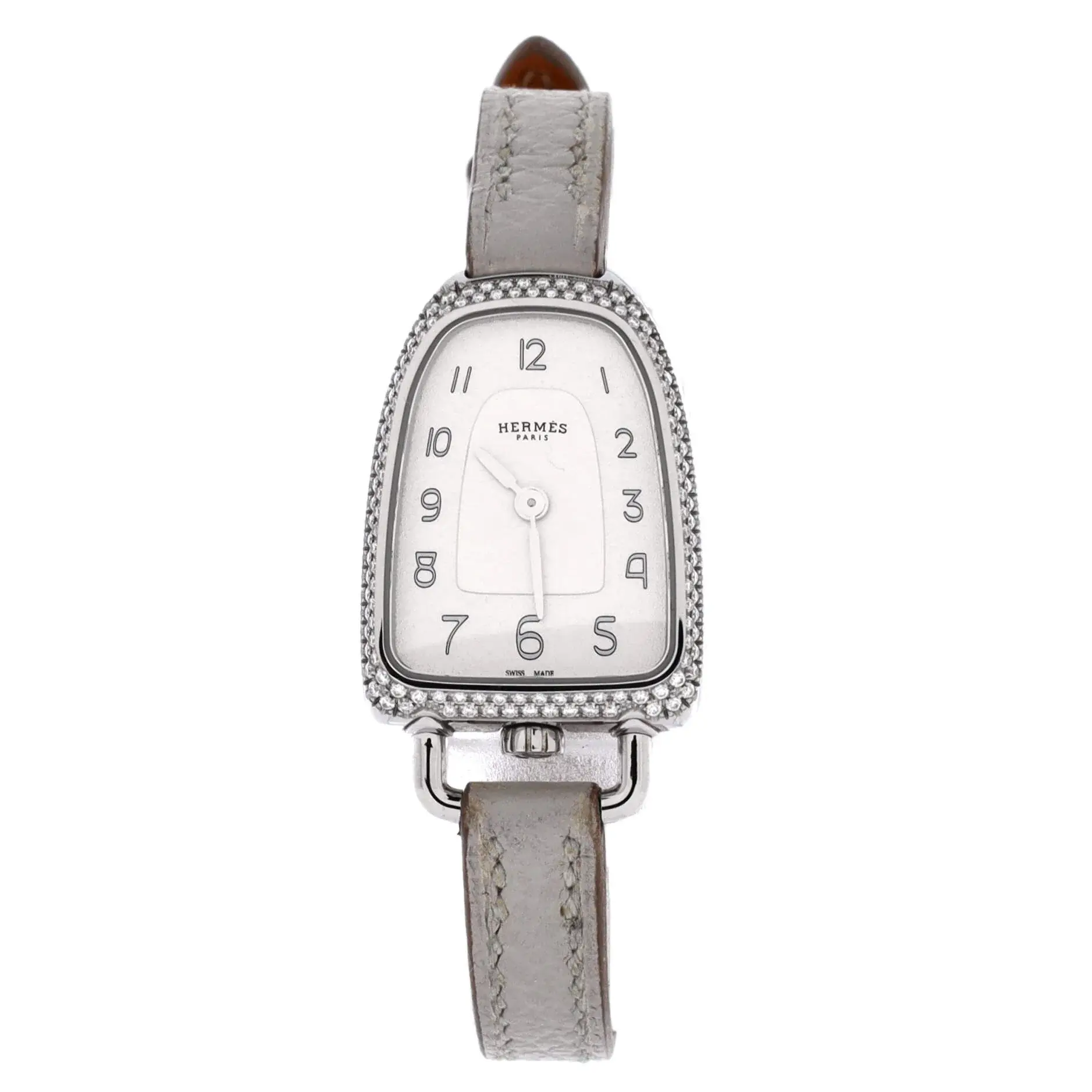 Pre-owned Hermes Galop d'Hermes Quartz Watch Stainless Steel and Leather with Diamond Bezel 21 by Rebag