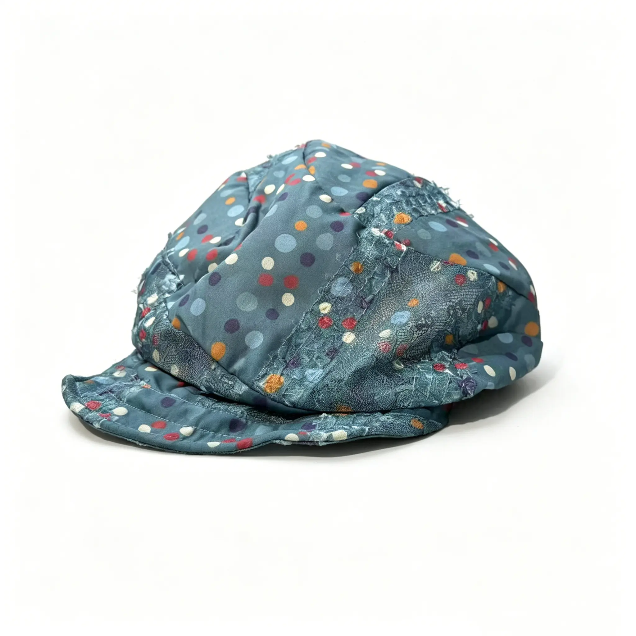 Vintage Blue Multicolor Polka Dot Newsboy Cap, Lace Spliced Distressed Soft Baker Boy Hat, Y2K Countryside Trendy Street Sun Hat for Teen Women