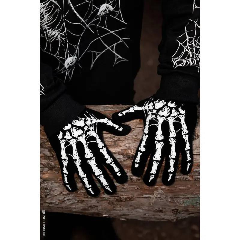Skeleton Hand Gloves, Full Finger Acrylic Knit Hand Gloves with Printed Bones, 60s Glow-in-the-Dark Charge, Touch Screen Taps