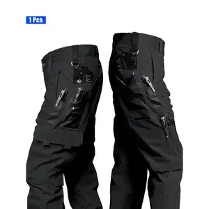 1pc Men'S Tactical Cargo Pants - Durable Multi-Pocket Design for Outdoor Work, Hiking & Casual Wear |   Adjustable Waist, No Belt Included, Black, Hiking Pants, Workwear, Functional Clothing, Sturdy Fabric