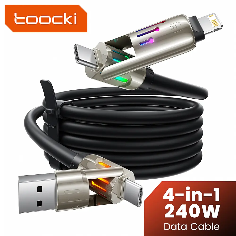 Toocki 1pcs 240W 4-in-1 Chubby Charging Cable 6.6FT - USB A/C to C/Lightning with Indicator Light, Compatible with iPhone 17/16/15/14 Pro Max, MacBook, iPad, Samsung S25, Switch, PS5, Ideal for Valentine's Day Gifts