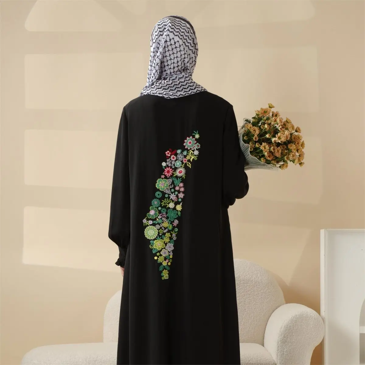 Women's Islamic Abaya Dress (MA141) - Modest Muslim Outfits Pullover with Palestinian Embroidery, Ruffled Cuff Maxi Dress, Elegant Muslim Clothing for TikTok Shop Fits