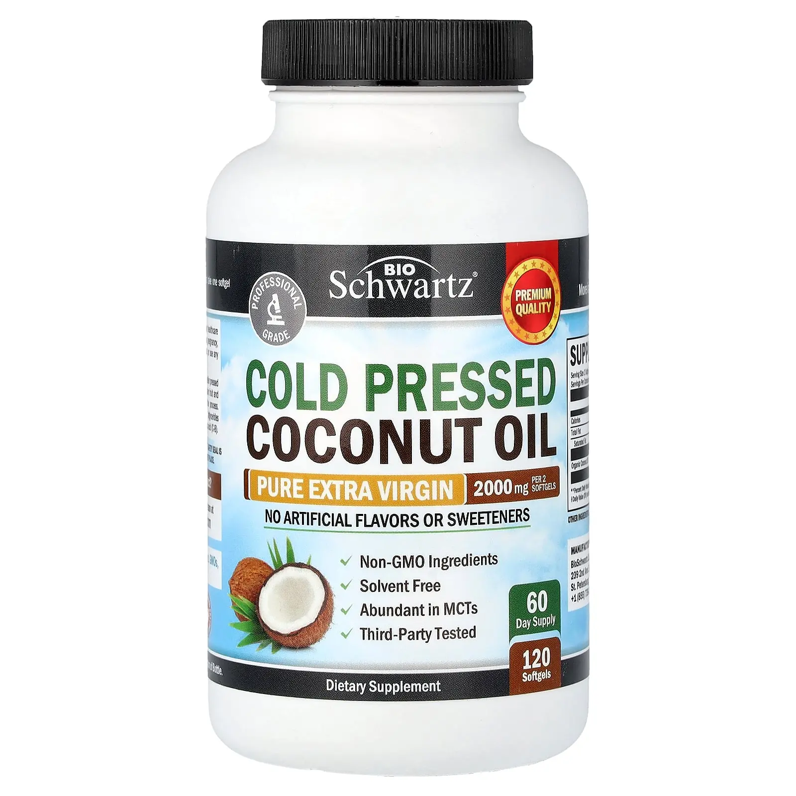 BioSchwartz Cold Pressed Coconut Oil, Pure Extra Virgin, 120 Softgels (1,000 mg per Softgel)