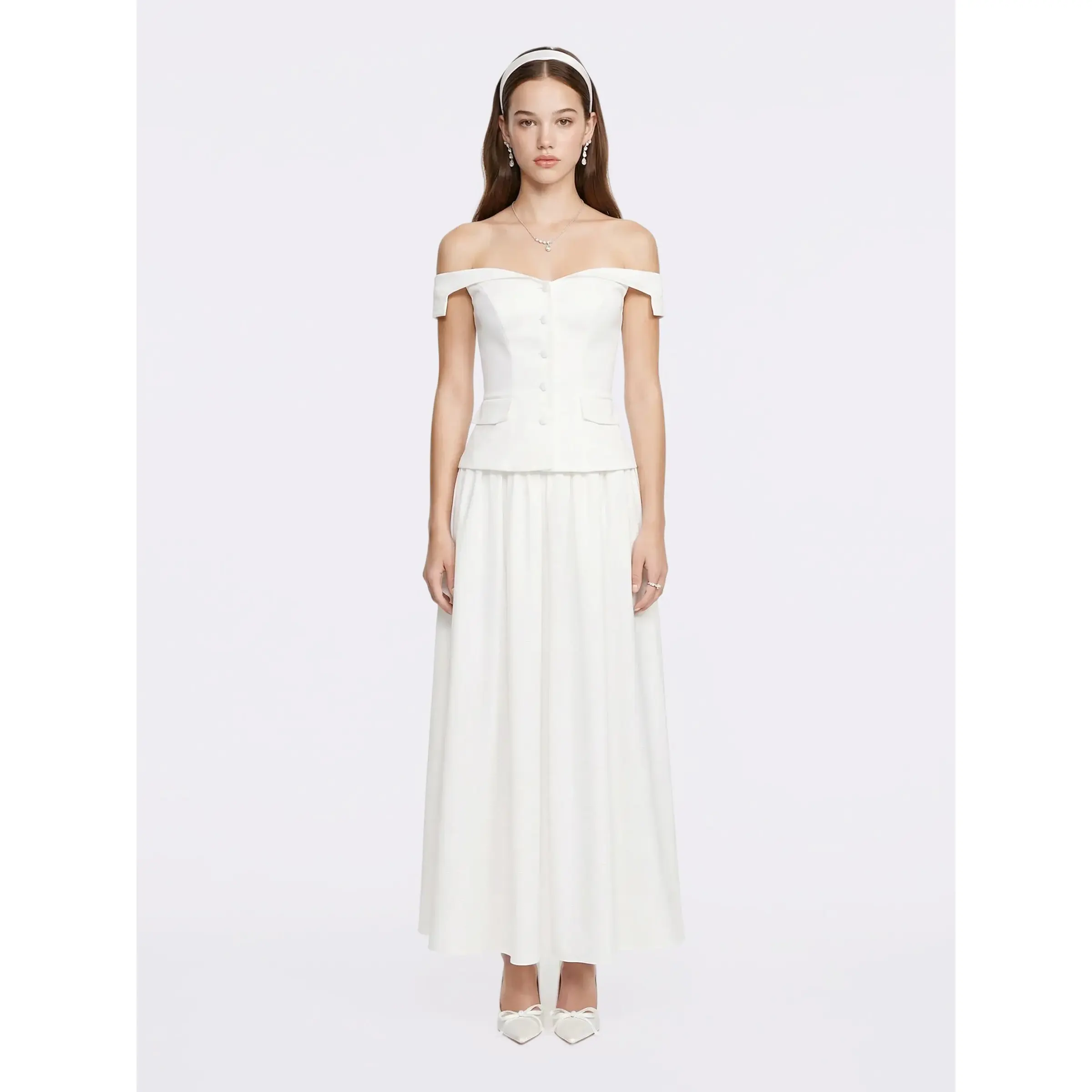 Claudine High-Waist A-Line White Midi Skirt