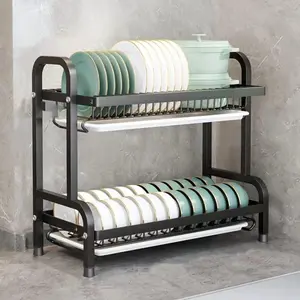 Double Layer Dish Rack, 20.8 Inch Multi-Functional Rustproof Dish Rack, Kitchen Sink Counter Utensil Holder with Drain Board