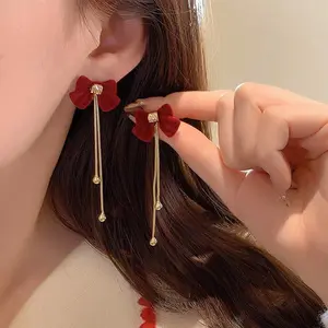1pair Fashionable Plush Velvet Bowknot & Rhinestone Decor Tassel Earrings In Red & Black For Daily Wear